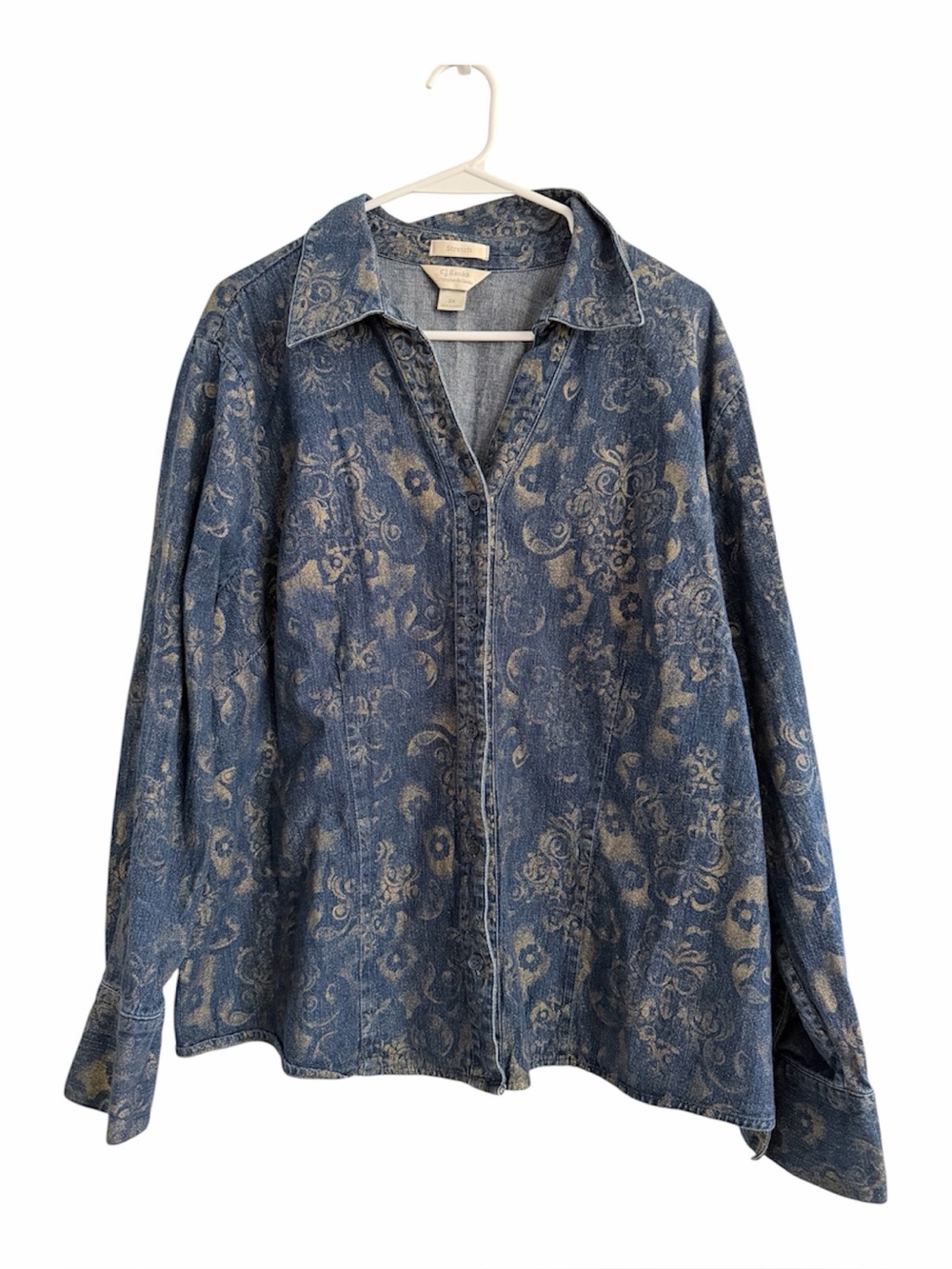 CJ Banks Stretch Blue Metallic Floral Denim Button-Up Collared Long Sleeve 3X